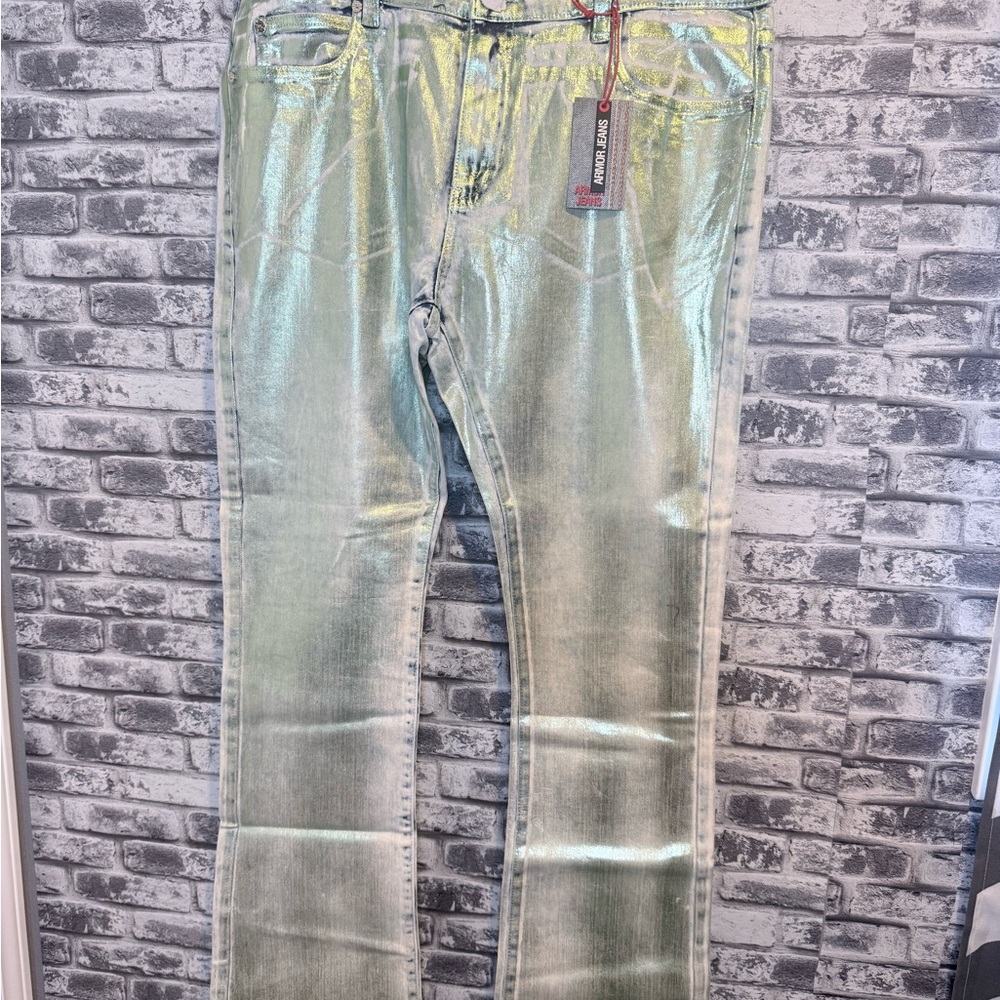 Armor Jeans Stacked Denim Green White Foil Acid Wash Straight Jeans 36 X 36